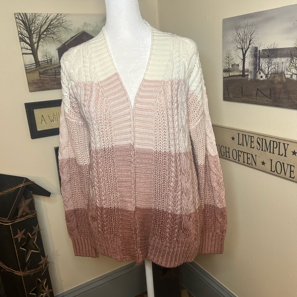 Maurices Cream and Pink Chunky Knit Cardigan